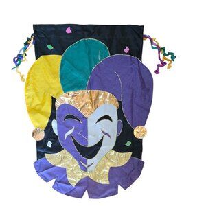 Jester Mardi Gras Banner Wall Hanging Double-Sided Embroidered Flag w/Tassels